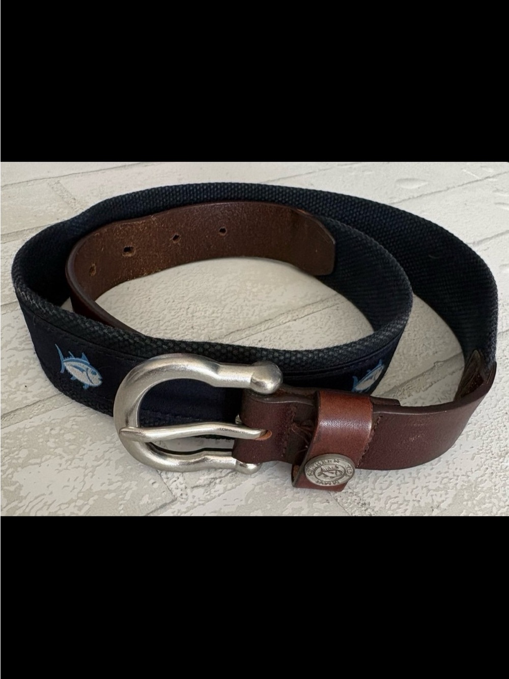 Southern Tide Men's Fish Canvas Belt with Leather trim and  buckle size 32 waist